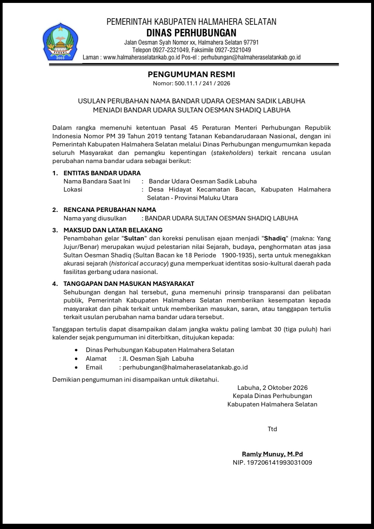 PENGUMUMAN RESMI USULAN PERUBAHAN NAMA BANDAR UDARA KELAS III LABUHA
